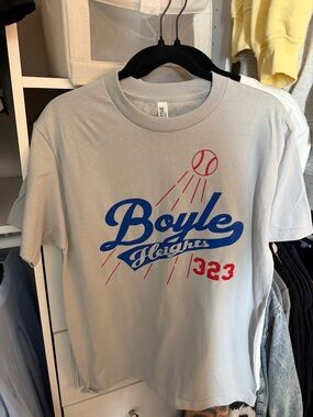 Alstyle Light Gray Tee with Blue Script & Red Accents